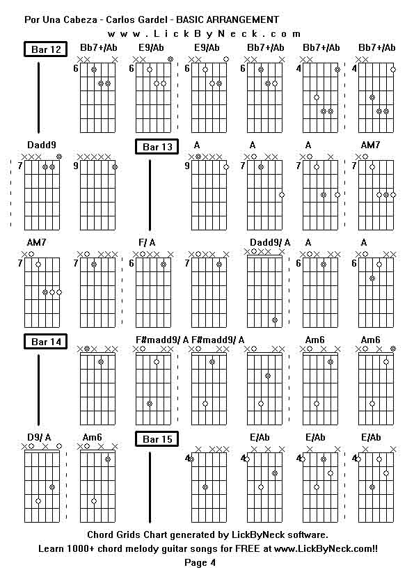 Chord Grids Chart of chord melody fingerstyle guitar song-Por Una Cabeza - Carlos Gardel - BASIC ARRANGEMENT,generated by LickByNeck software.